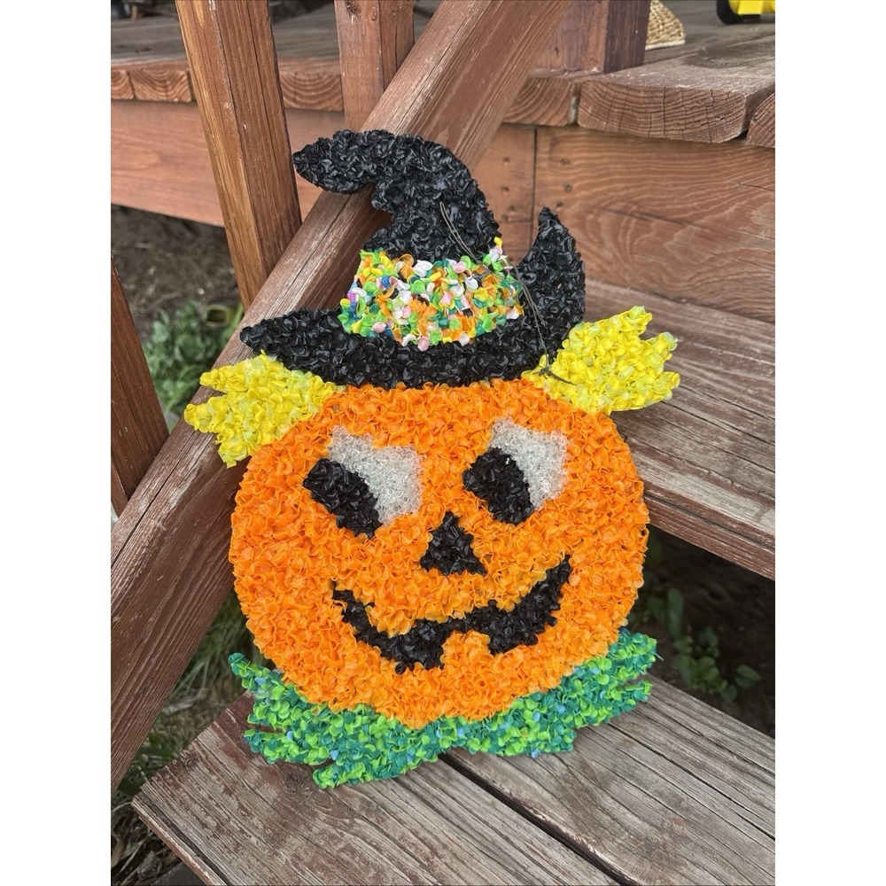 Vtg Halloween Decor Melted Plastic Popcorn Jack o Lantern Pumpkin Hanging 16 in